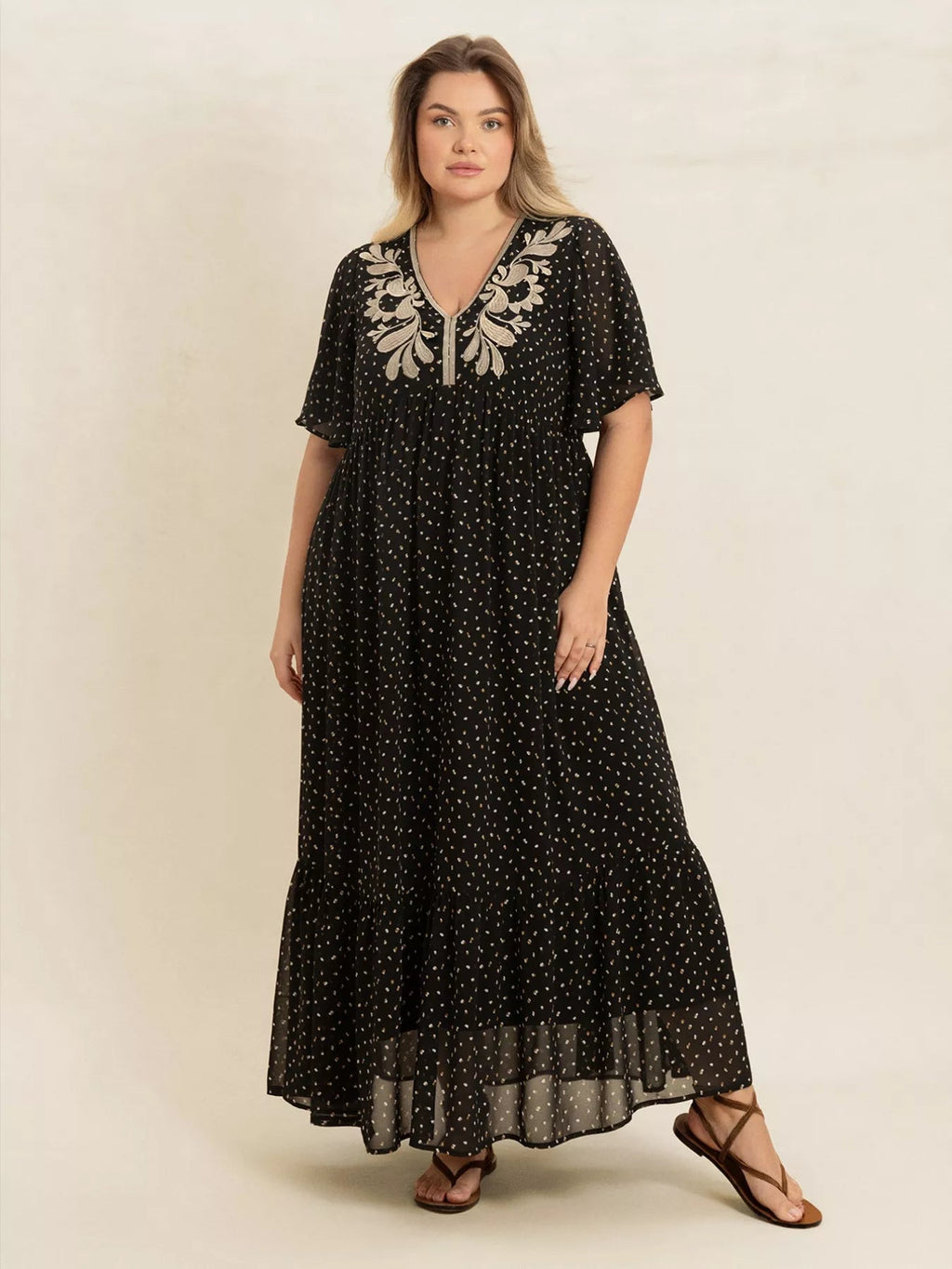 Crowned Energy CO. Black / 0XL Trendsi Dresses Plus Size Printed V-Neck Flutter Sleeve Maxi Dress