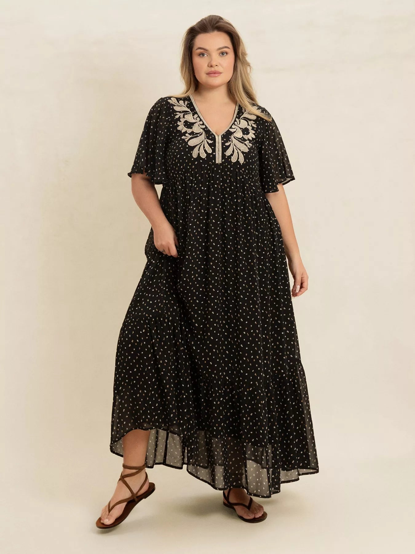 Crowned Energy CO. Black / 0XL Trendsi Dresses Plus Size Printed V-Neck Flutter Sleeve Maxi Dress