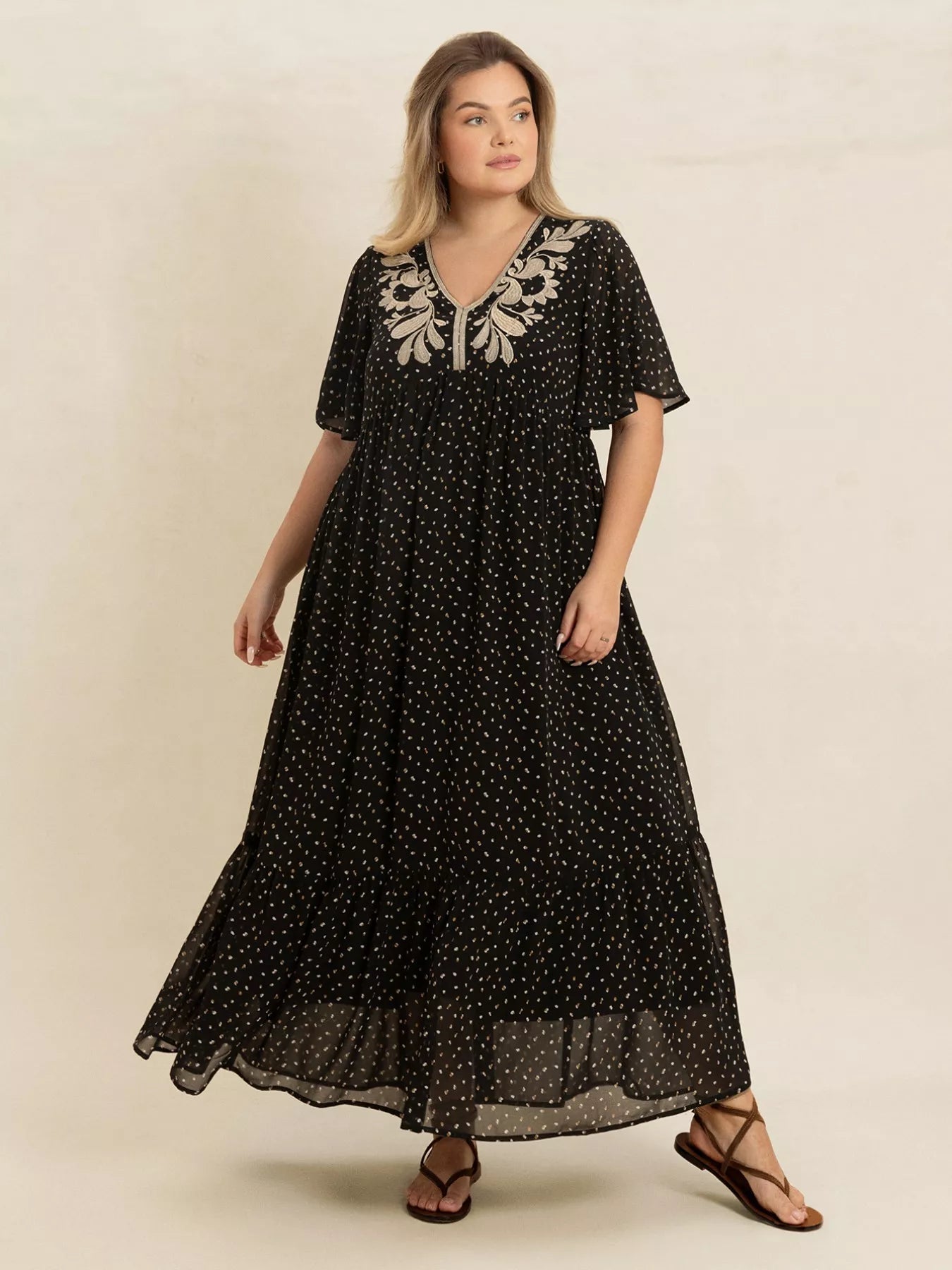 Crowned Energy CO. Black / 0XL Trendsi Dresses Plus Size Printed V-Neck Flutter Sleeve Maxi Dress