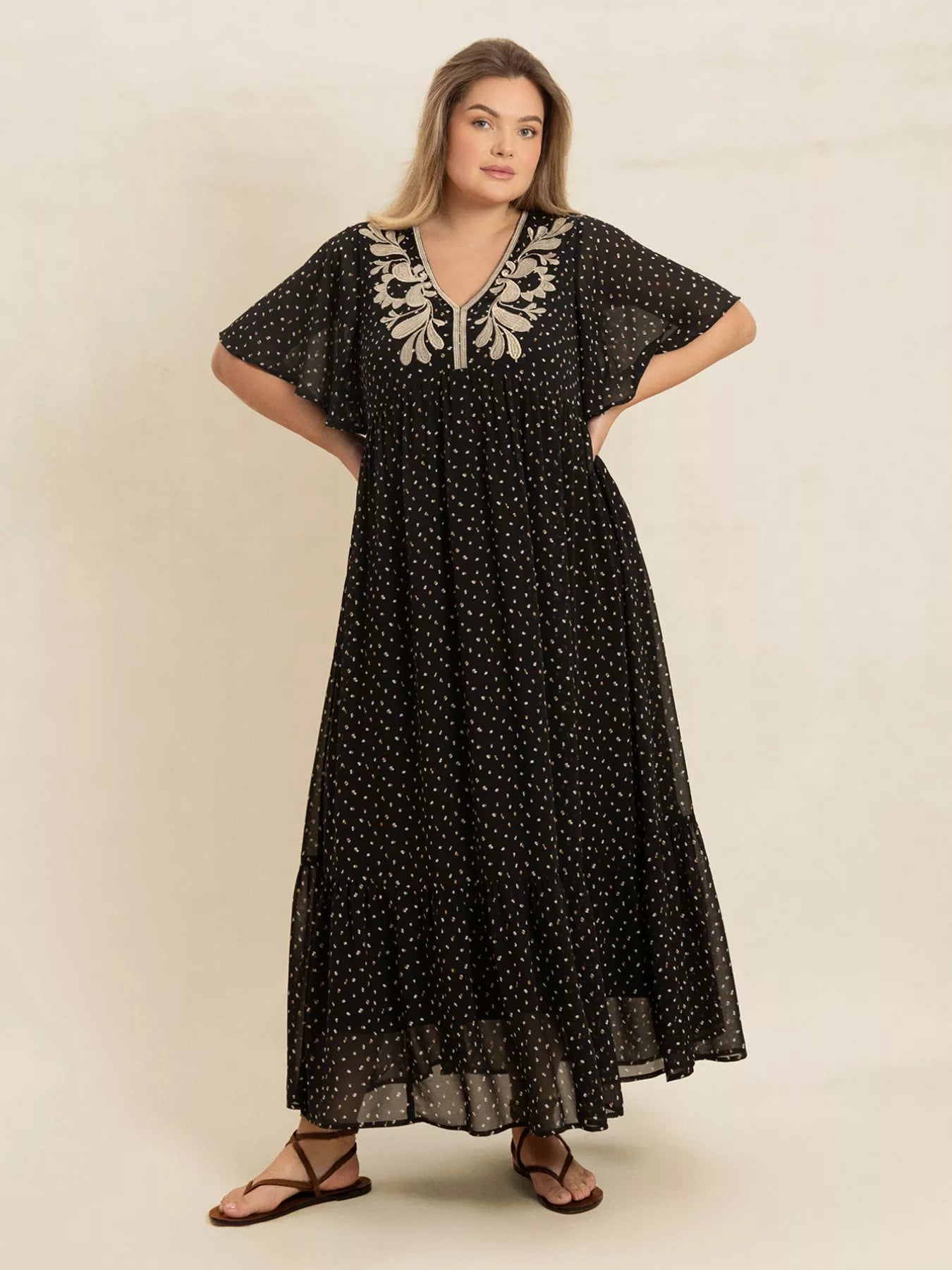 Crowned Energy CO. Black / 0XL Trendsi Dresses Plus Size Printed V-Neck Flutter Sleeve Maxi Dress