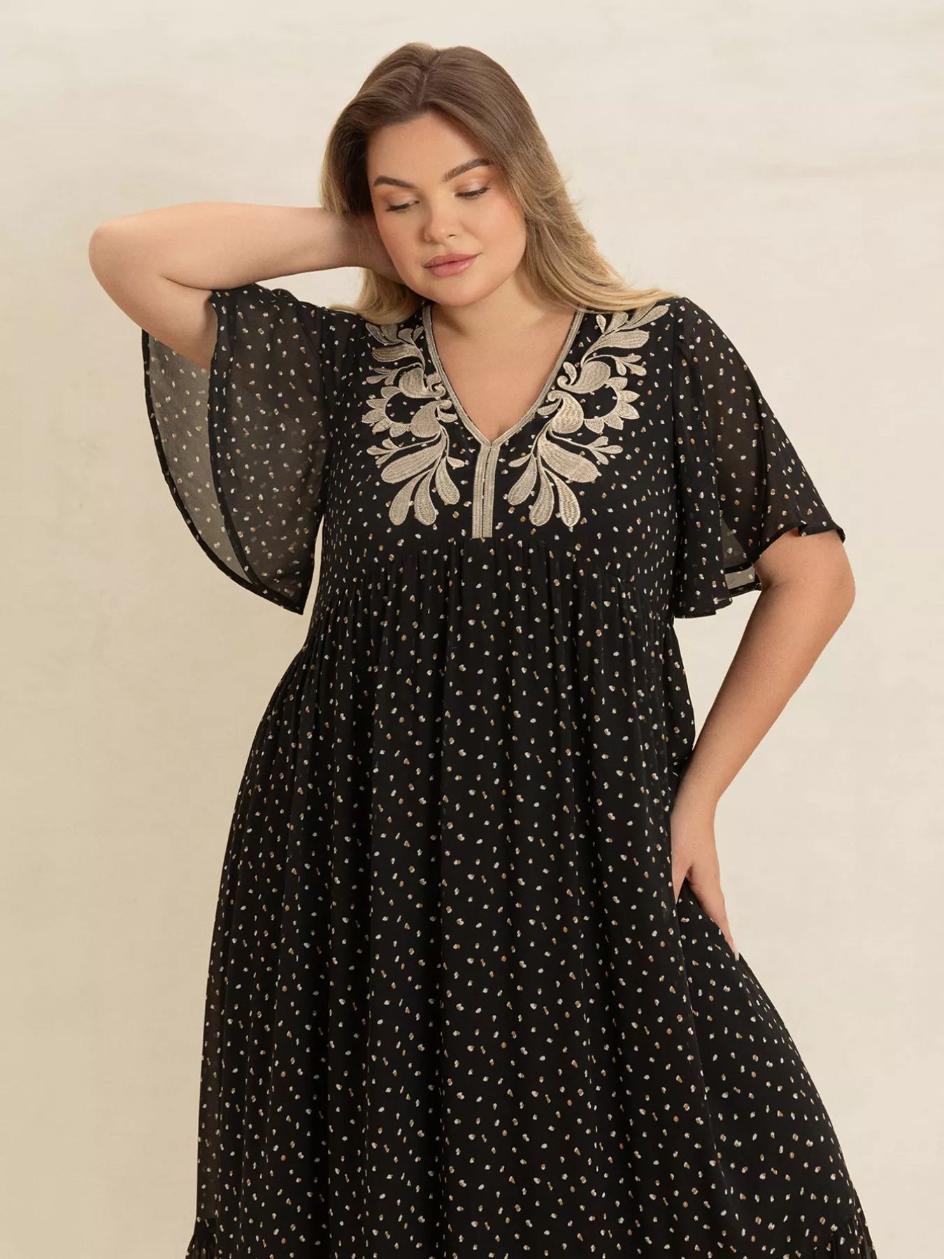 Crowned Energy CO. Black / 0XL Trendsi Dresses Plus Size Printed V-Neck Flutter Sleeve Maxi Dress