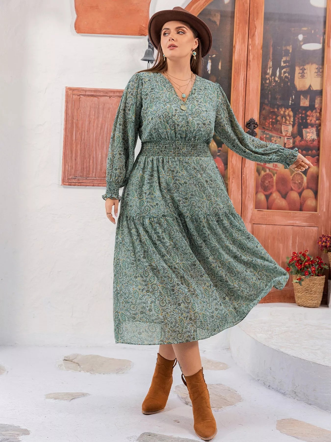 Crowned Energy CO. Sage / 0XL Trendsi Dresses Plus Size Printed V-Neck Long Sleeve Midi Dress