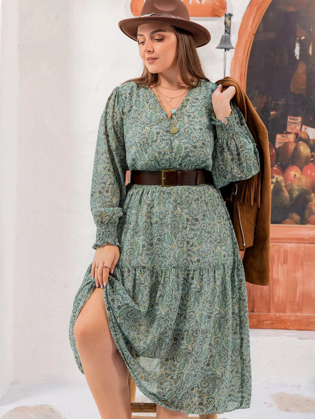 Crowned Energy CO. Sage / 0XL Trendsi Dresses Plus Size Printed V-Neck Long Sleeve Midi Dress
