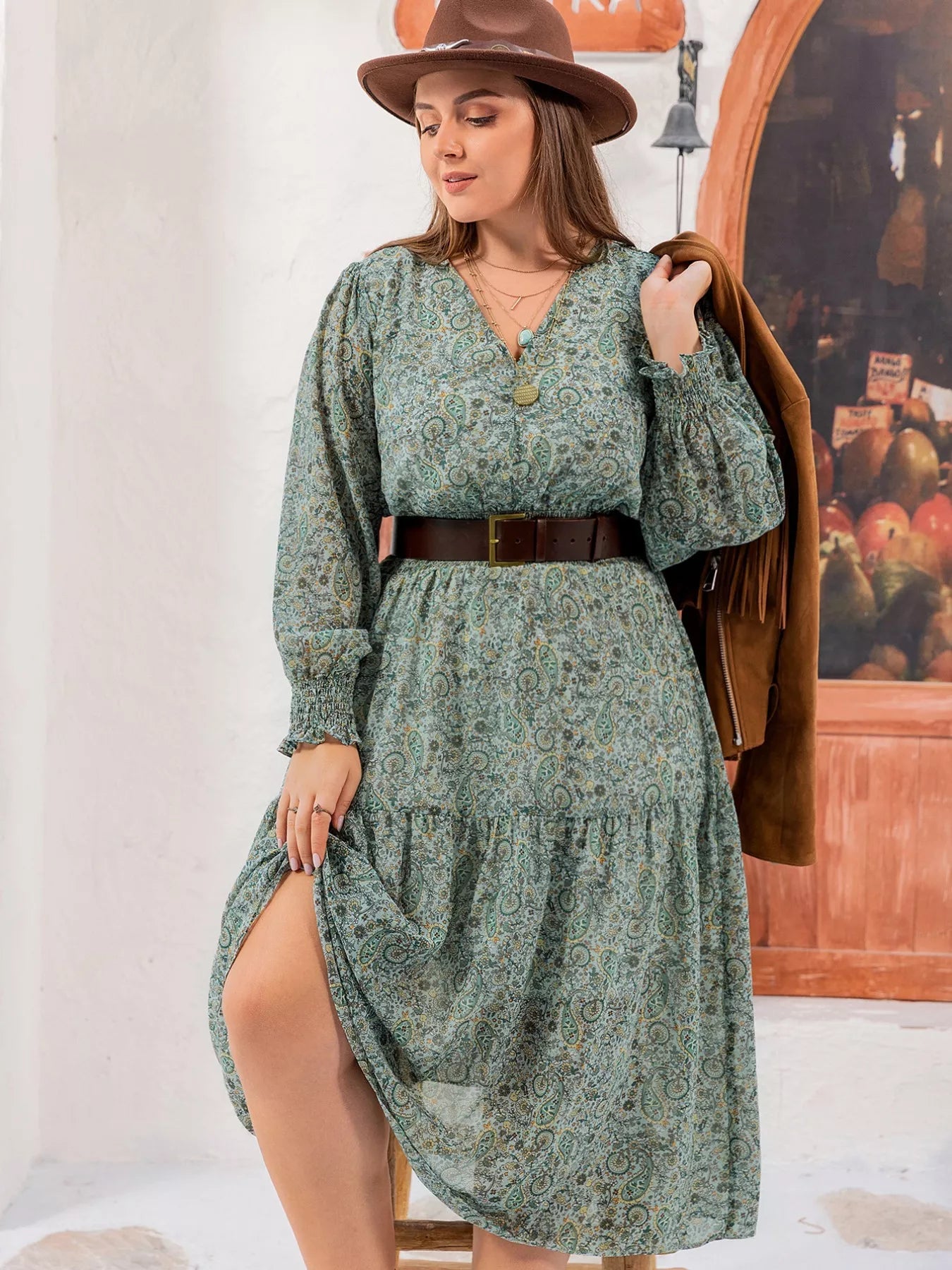 Crowned Energy CO. Sage / 0XL Trendsi Dresses Plus Size Printed V-Neck Long Sleeve Midi Dress