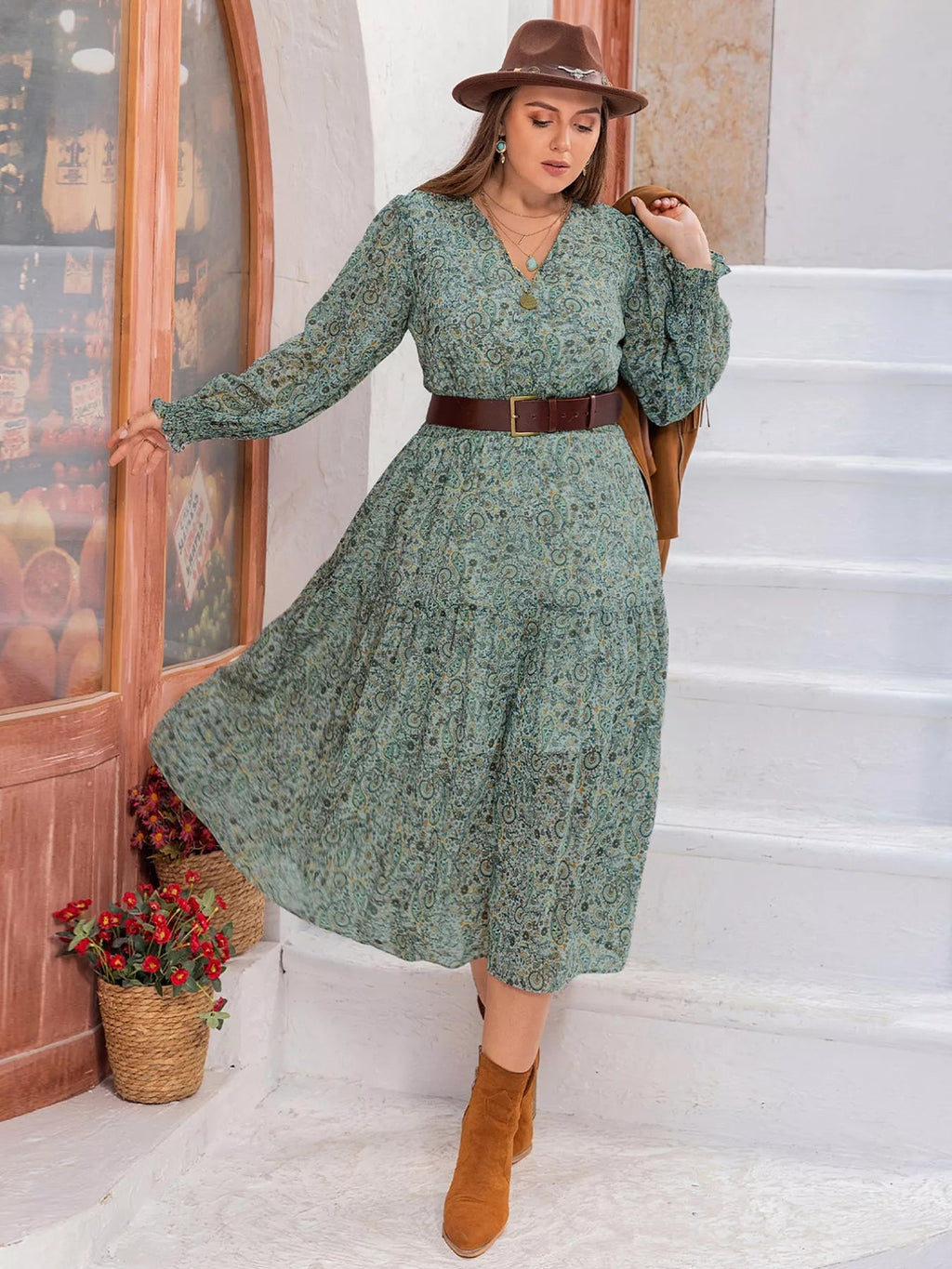 Crowned Energy CO. Sage / 0XL Trendsi Dresses Plus Size Printed V-Neck Long Sleeve Midi Dress