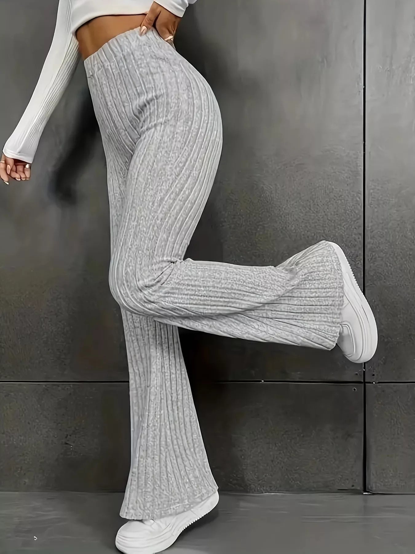 Plus Size Ribbed Knit High Waist Flare Pants - Crowned Energy CO.