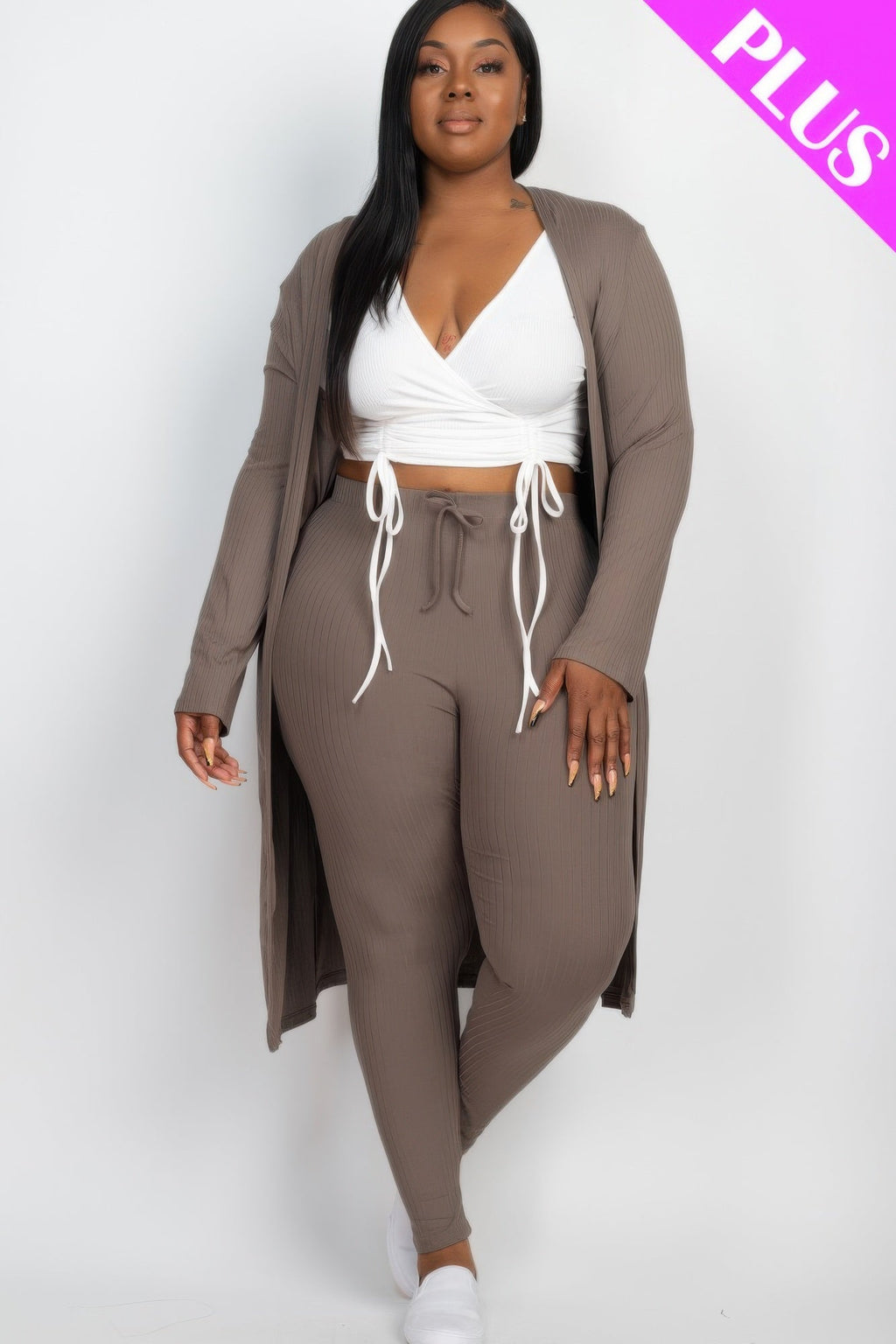 Crowned Energy CO. Taupe / 1XL CCWHOLESALECLOTHING Activewear/Yoga Jumpsuits Plus Size Ribbed Long Cardigan & Leggings Set