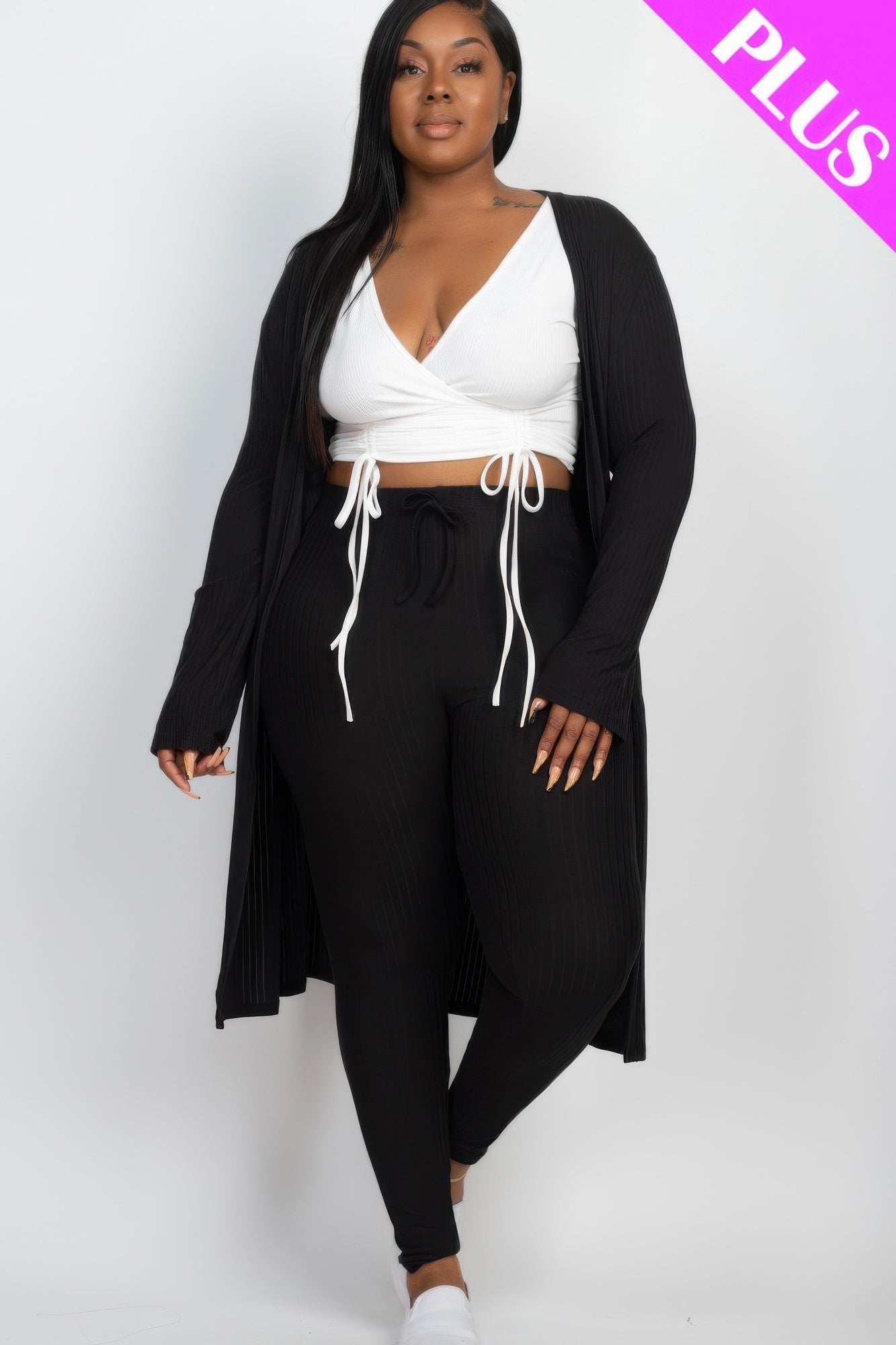Crowned Energy CO. Black / 1XL CCWHOLESALECLOTHING Activewear/Yoga Jumpsuits Plus Size Ribbed Long Cardigan & Leggings Set