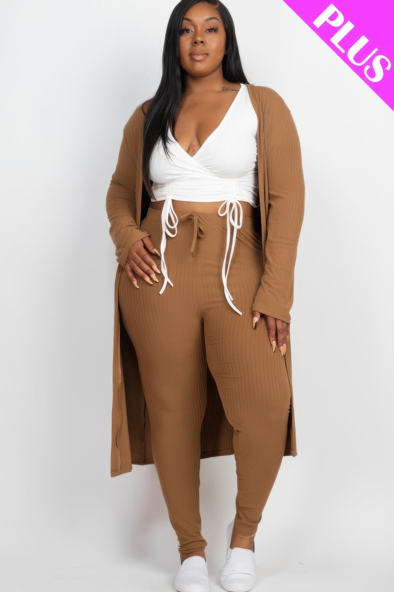 Crowned Energy CO. Mocha / 1XL CCWHOLESALECLOTHING Activewear/Yoga Jumpsuits Plus Size Ribbed Long Cardigan & Leggings Set