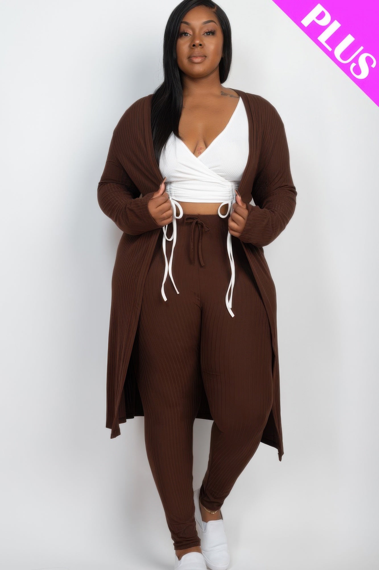 Crowned Energy CO. Coffee / 1XL CCWHOLESALECLOTHING Activewear/Yoga Jumpsuits Plus Size Ribbed Long Cardigan & Leggings Set