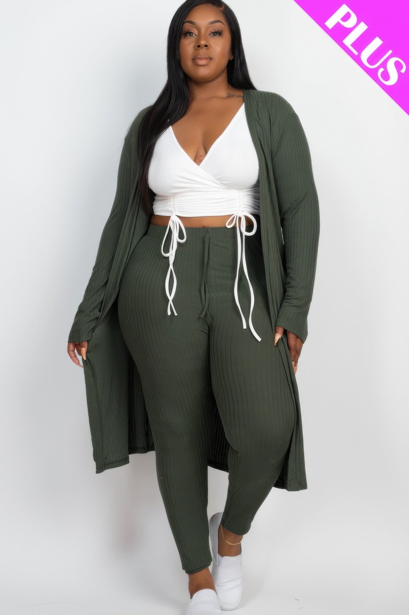 Crowned Energy CO. Olive / 1XL CCWHOLESALECLOTHING Activewear/Yoga Jumpsuits Plus Size Ribbed Long Cardigan & Leggings Set