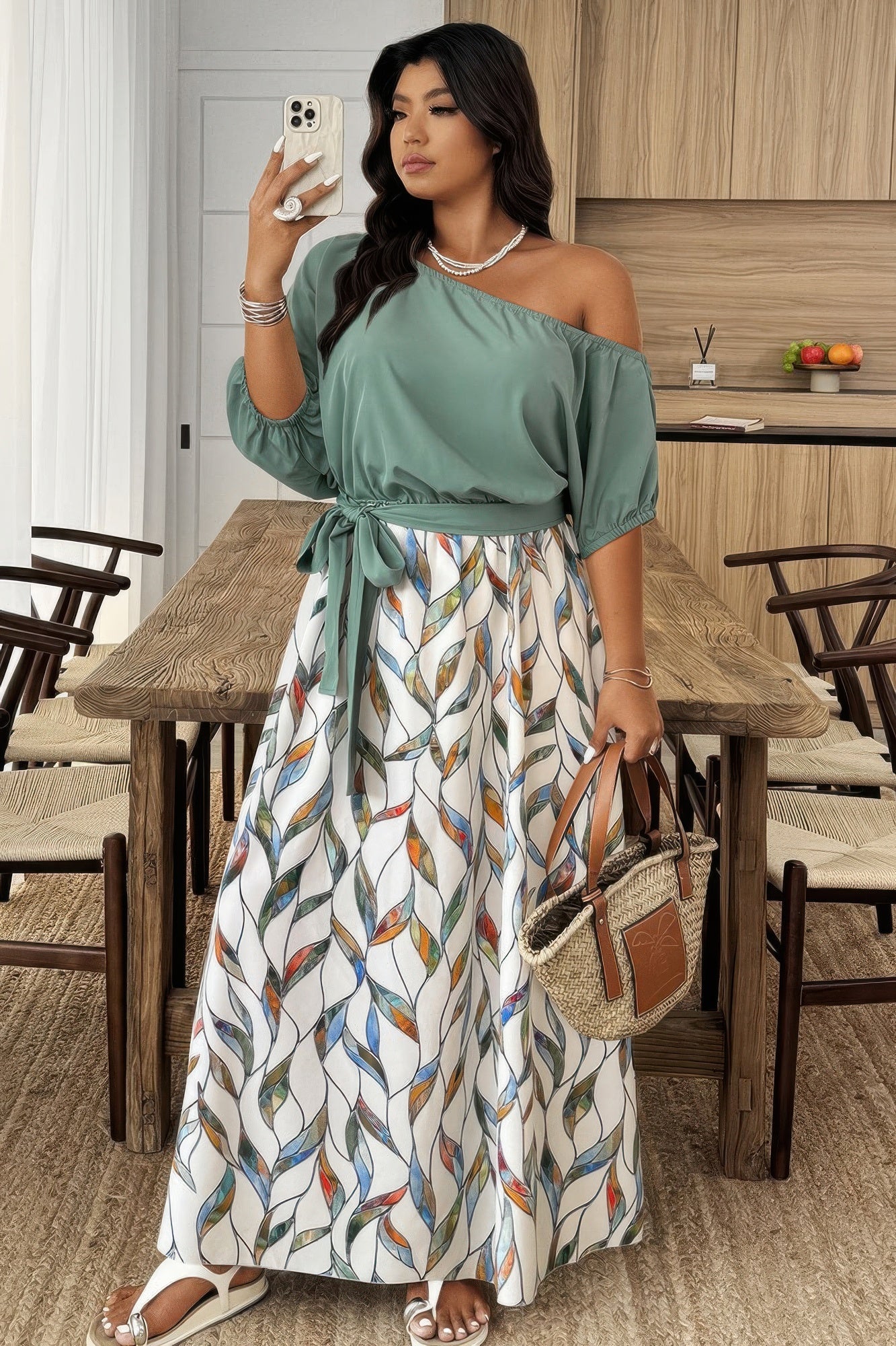Plus Size Sage Green Floral One-Shoulder Maxi Dress - Crowned Energy CO.