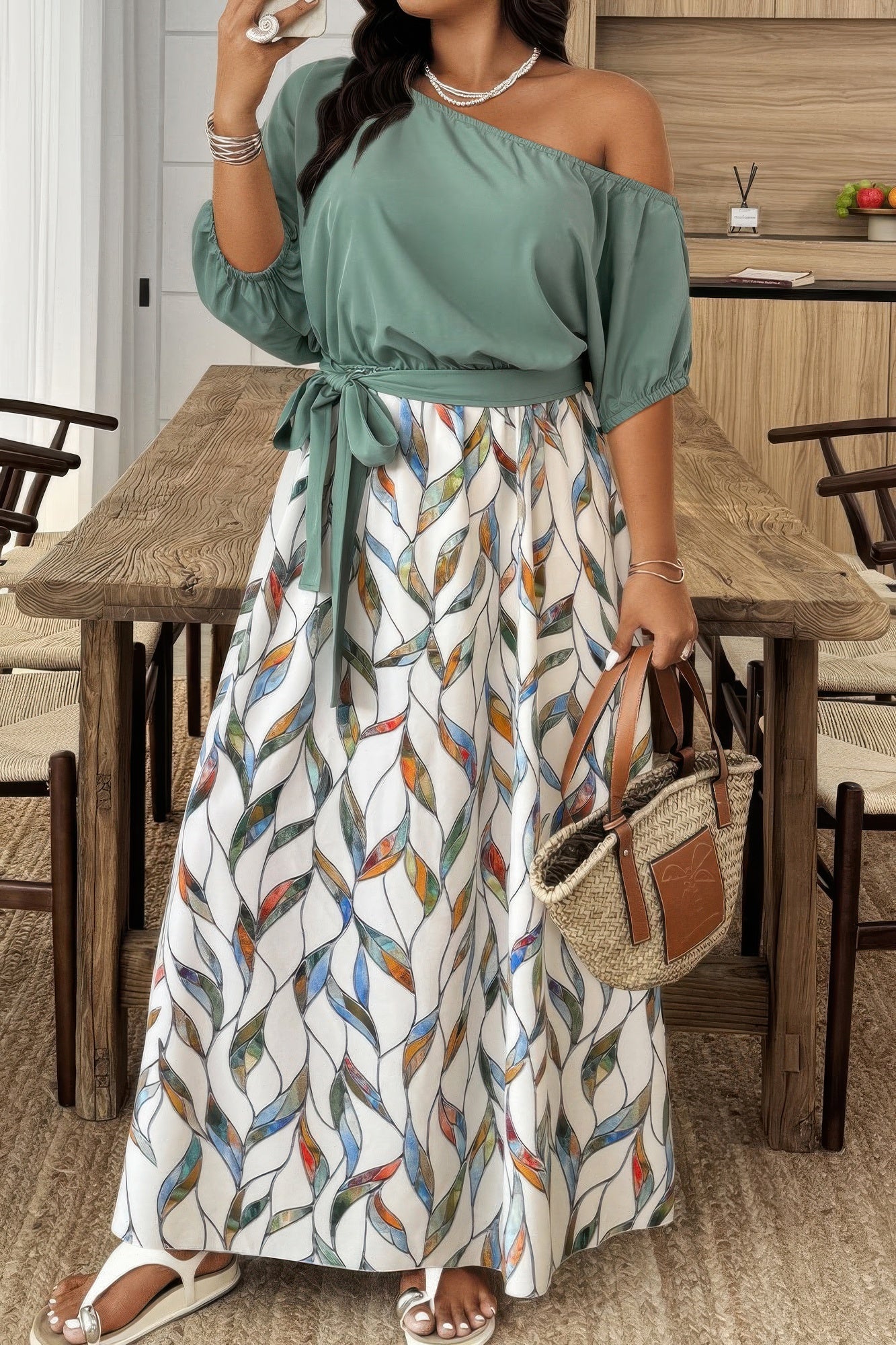 Plus Size Sage Green Floral One-Shoulder Maxi Dress - Crowned Energy CO.