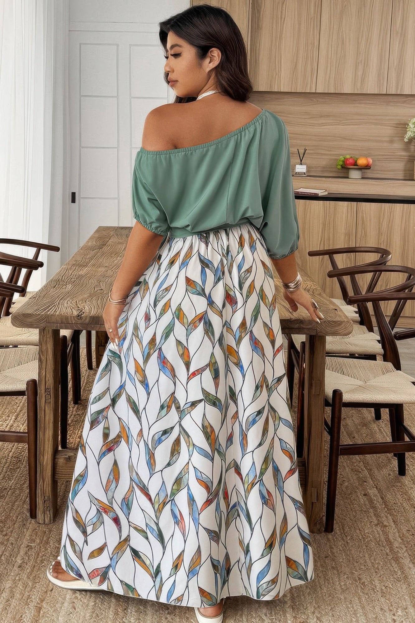 Plus Size Sage Green Floral One-Shoulder Maxi Dress - Crowned Energy CO.