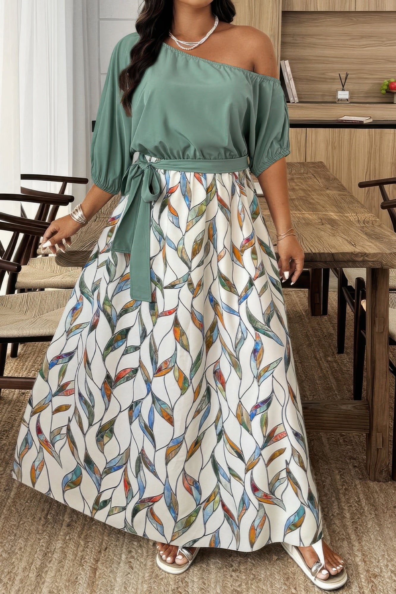 Plus Size Sage Green Floral One-Shoulder Maxi Dress - Crowned Energy CO.