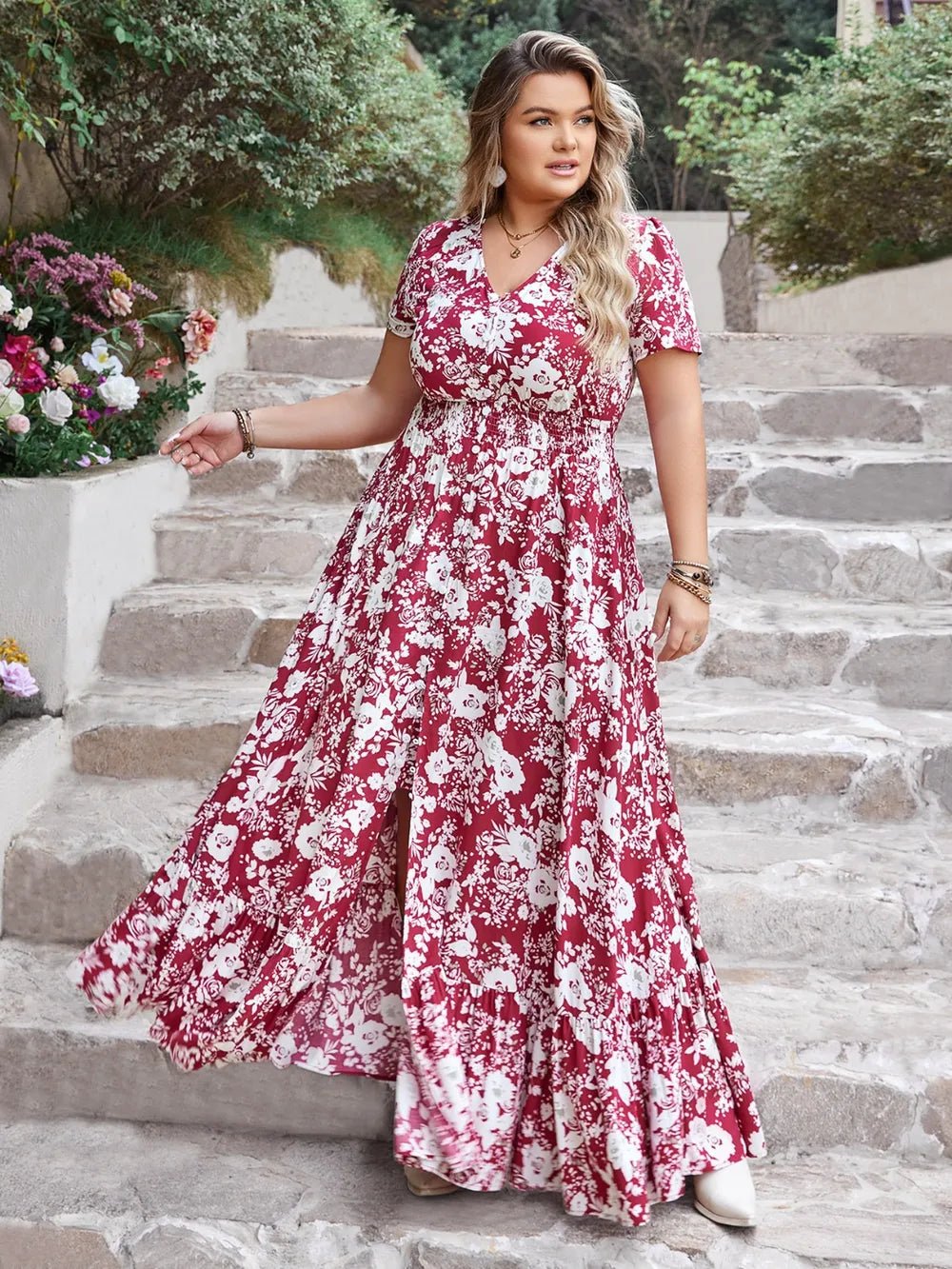 Plus Size Slit Printed V - Neck Maxi Dress - Crowned Energy CO.