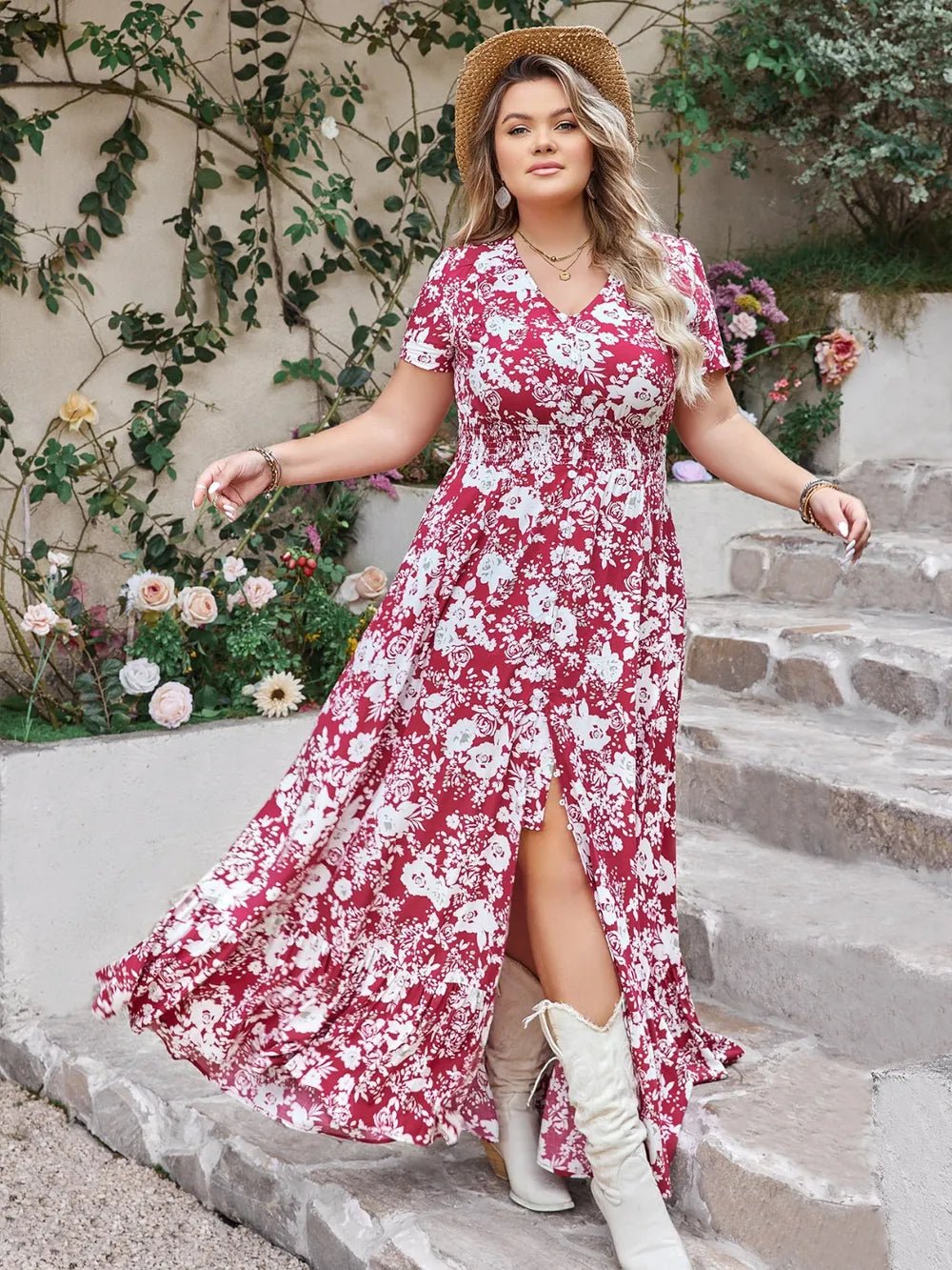Plus Size Slit Printed V - Neck Maxi Dress - Crowned Energy CO.