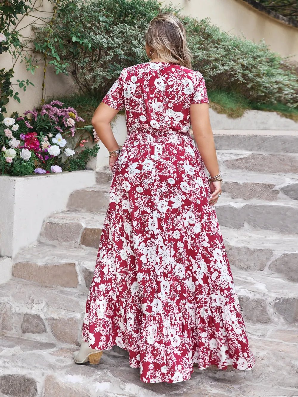 Plus Size Slit Printed V - Neck Maxi Dress - Crowned Energy CO.