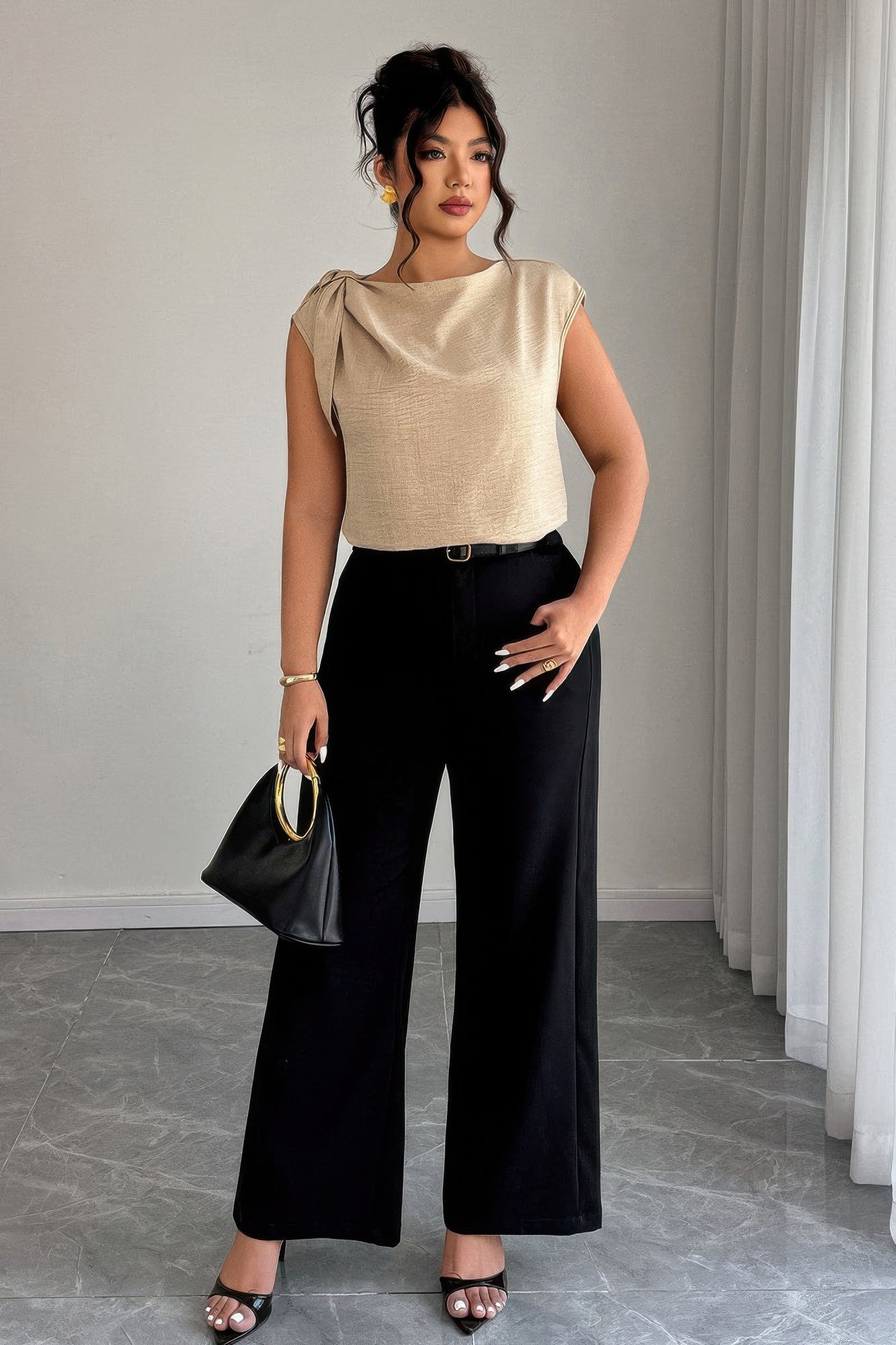 Plus Size Taupe Tie-Neck Draped Blouse - Crowned Energy CO.