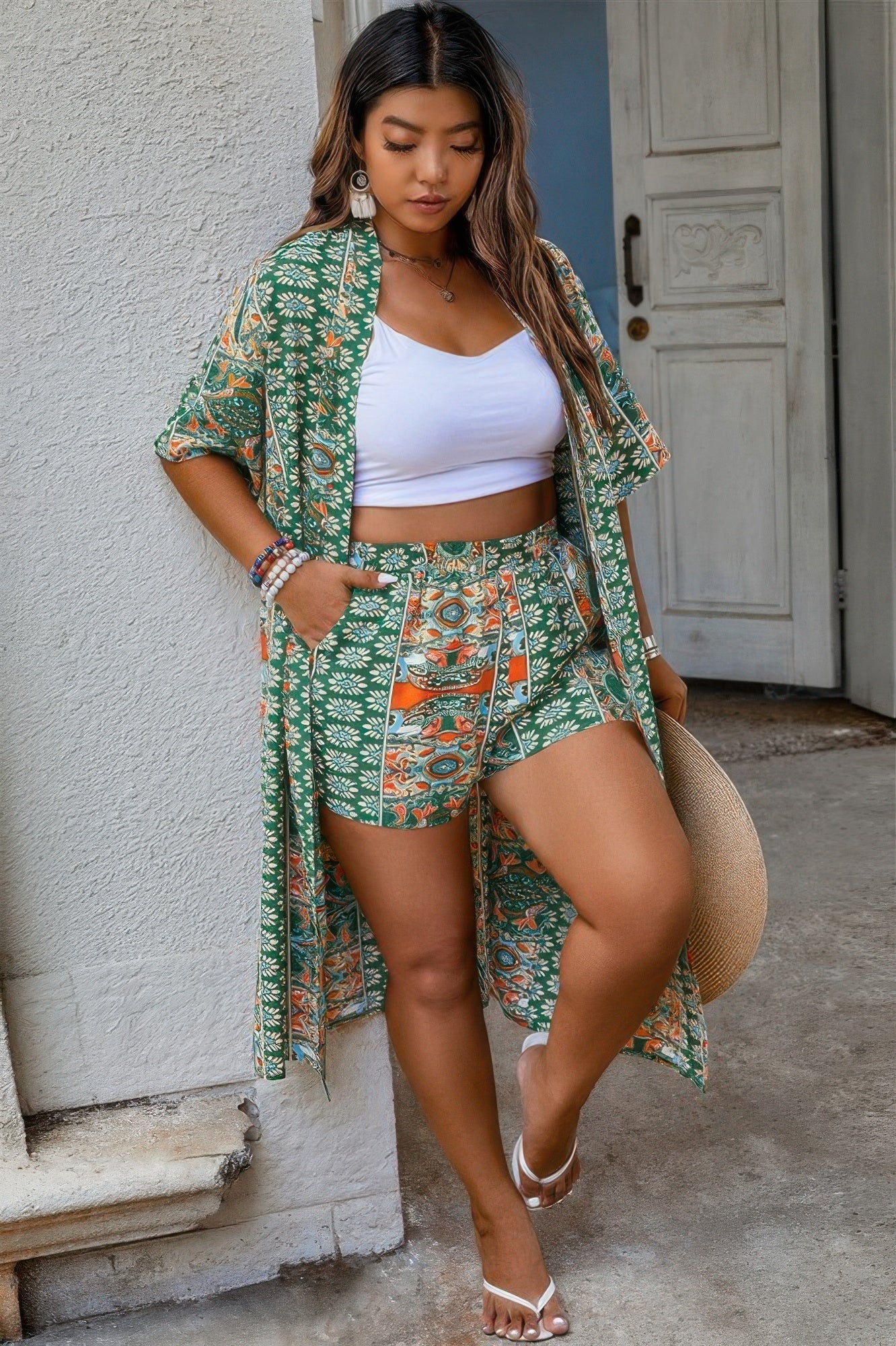 Crowned Energy CO. Green / 0xl CCWHOLESALECLOTHING Plus Size Two Piece Plus Size Two Pieces Printed Elastic Waist Sets