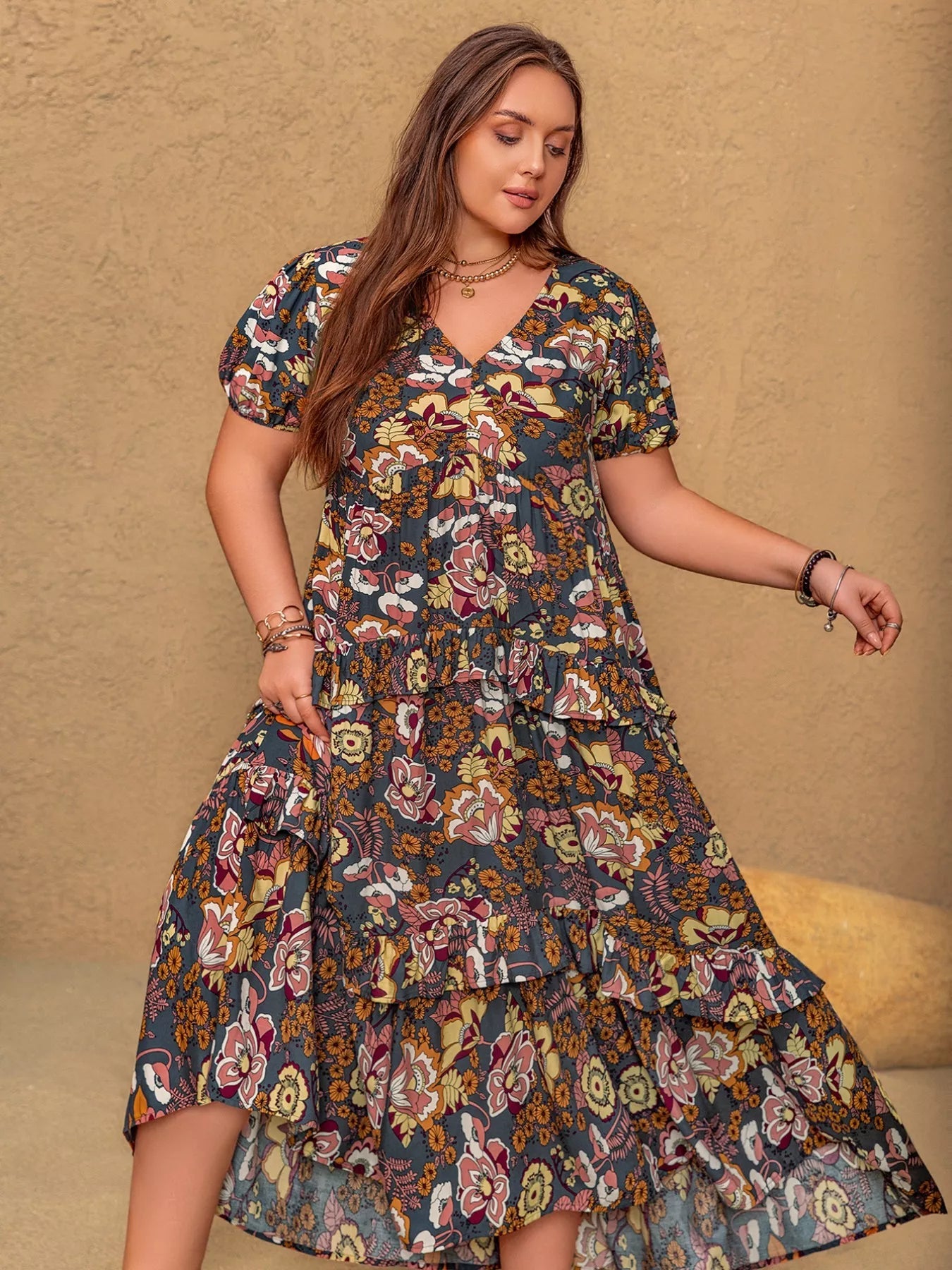 Crowned Energy CO. Multicolor / 0XL Trendsi Dresses/Midi Dresses Plus Size V-Neck Short Sleeve Midi Dress