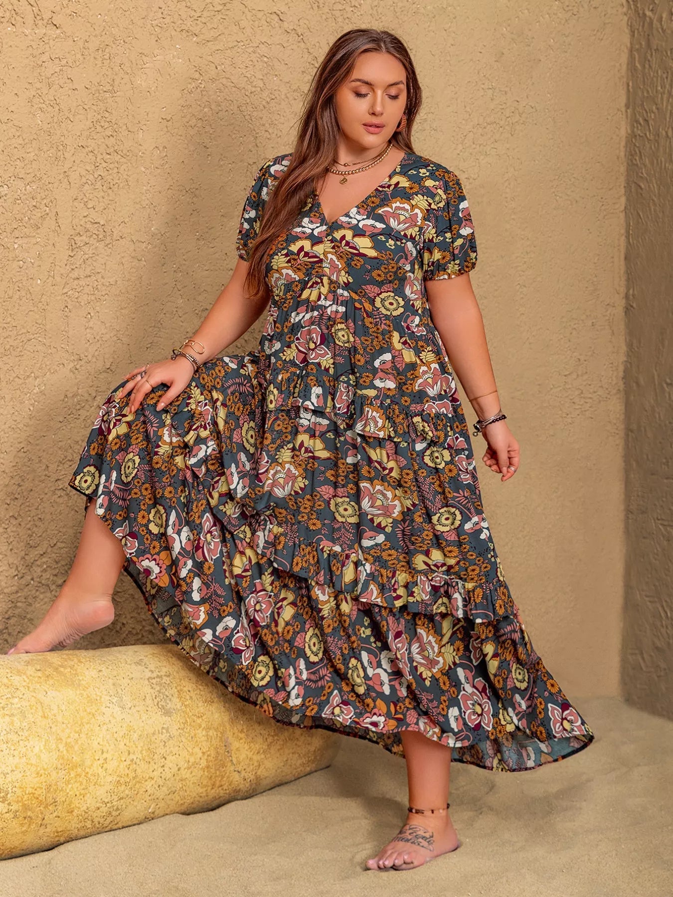 Crowned Energy CO. Multicolor / 0XL Trendsi Dresses/Midi Dresses Plus Size V-Neck Short Sleeve Midi Dress