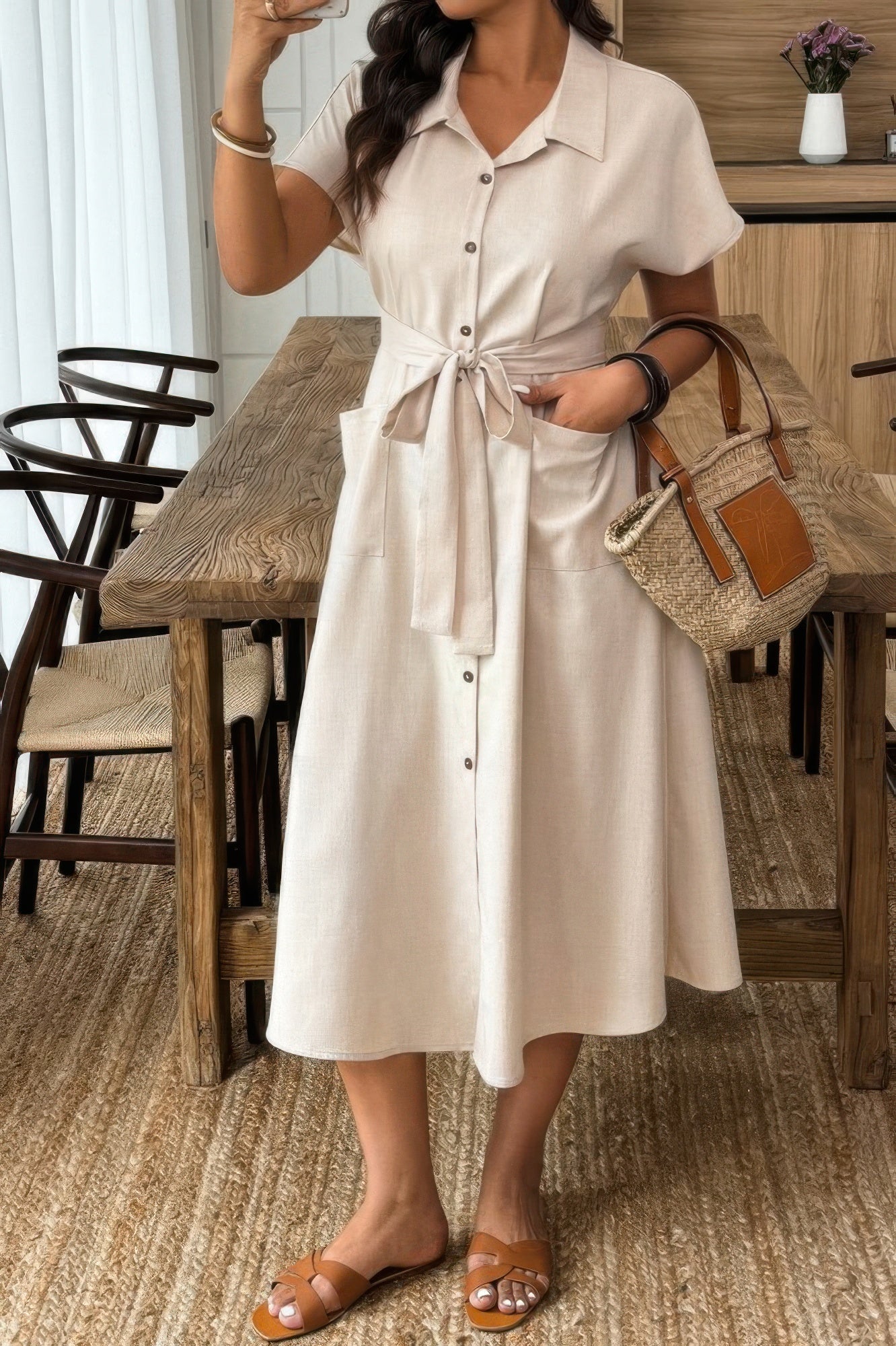 Crowned Energy CO. Beige / 0xl CCWHOLESALECLOTHING Dresses/Maxi Dresses Plus Solid Button Down Straight Belted Shirt Dress