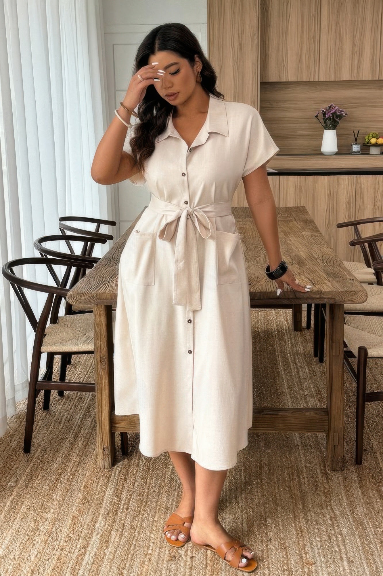 Crowned Energy CO. Beige / 0xl CCWHOLESALECLOTHING Dresses/Maxi Dresses Plus Solid Button Down Straight Belted Shirt Dress