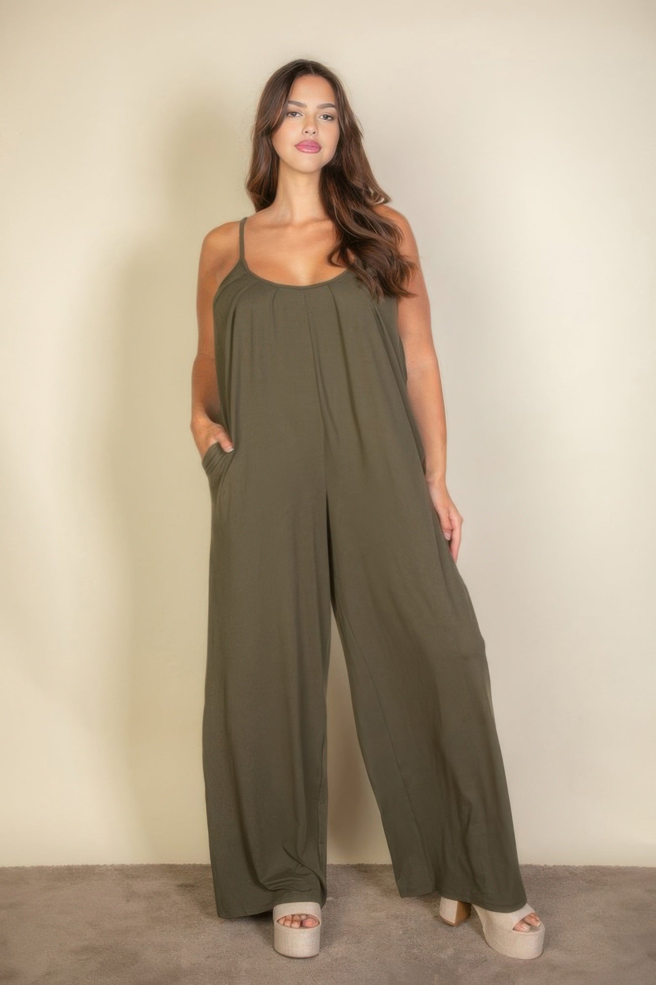 Crowned Energy CO. Olive / 1XL CCWHOLESALECLOTHING Jumpsuit Plus Spaghetti Strap Solid Wide Jumpsuit