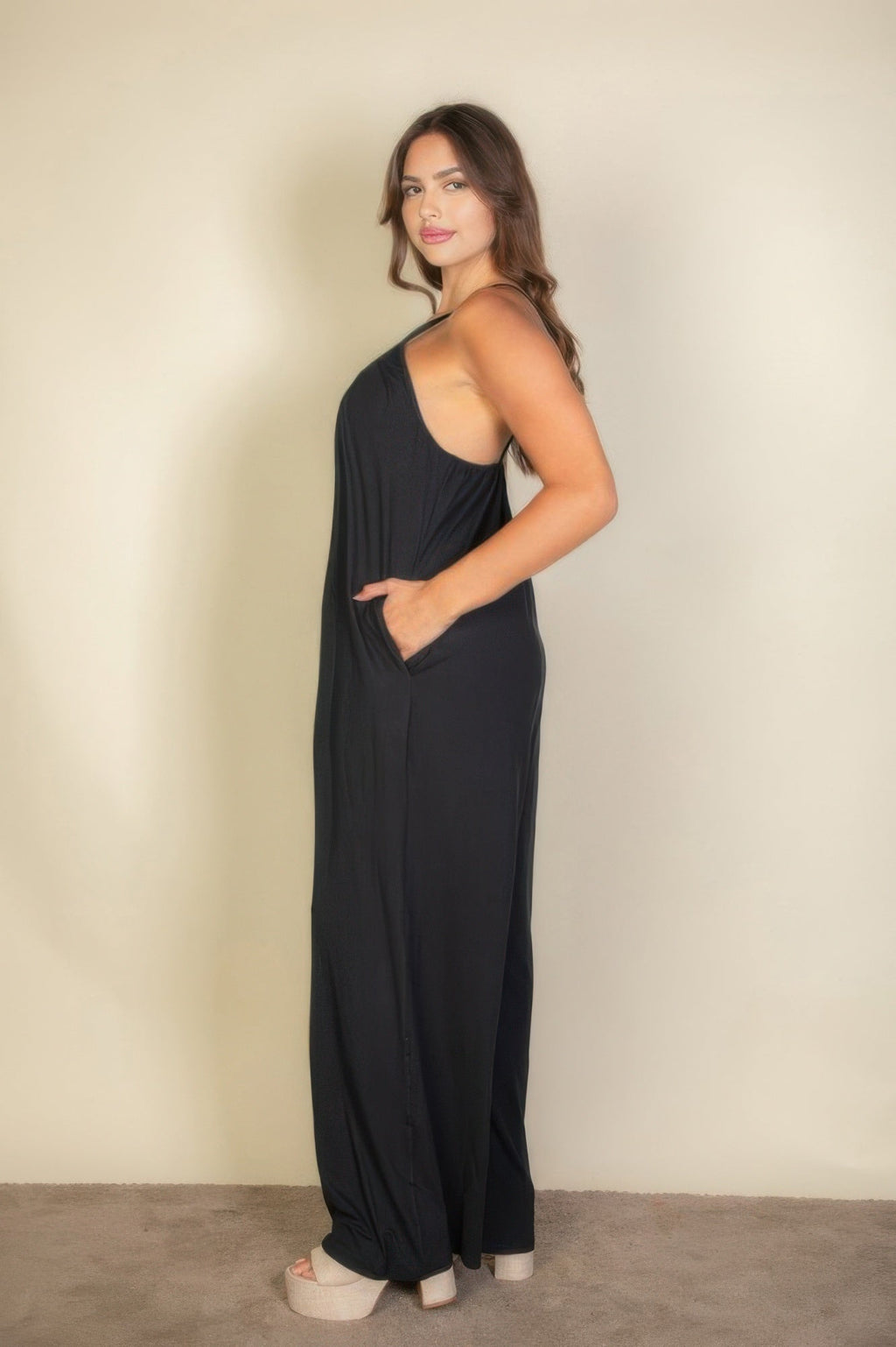 Crowned Energy CO. Olive / 1XL CCWHOLESALECLOTHING Jumpsuit Plus Spaghetti Strap Solid Wide Jumpsuit