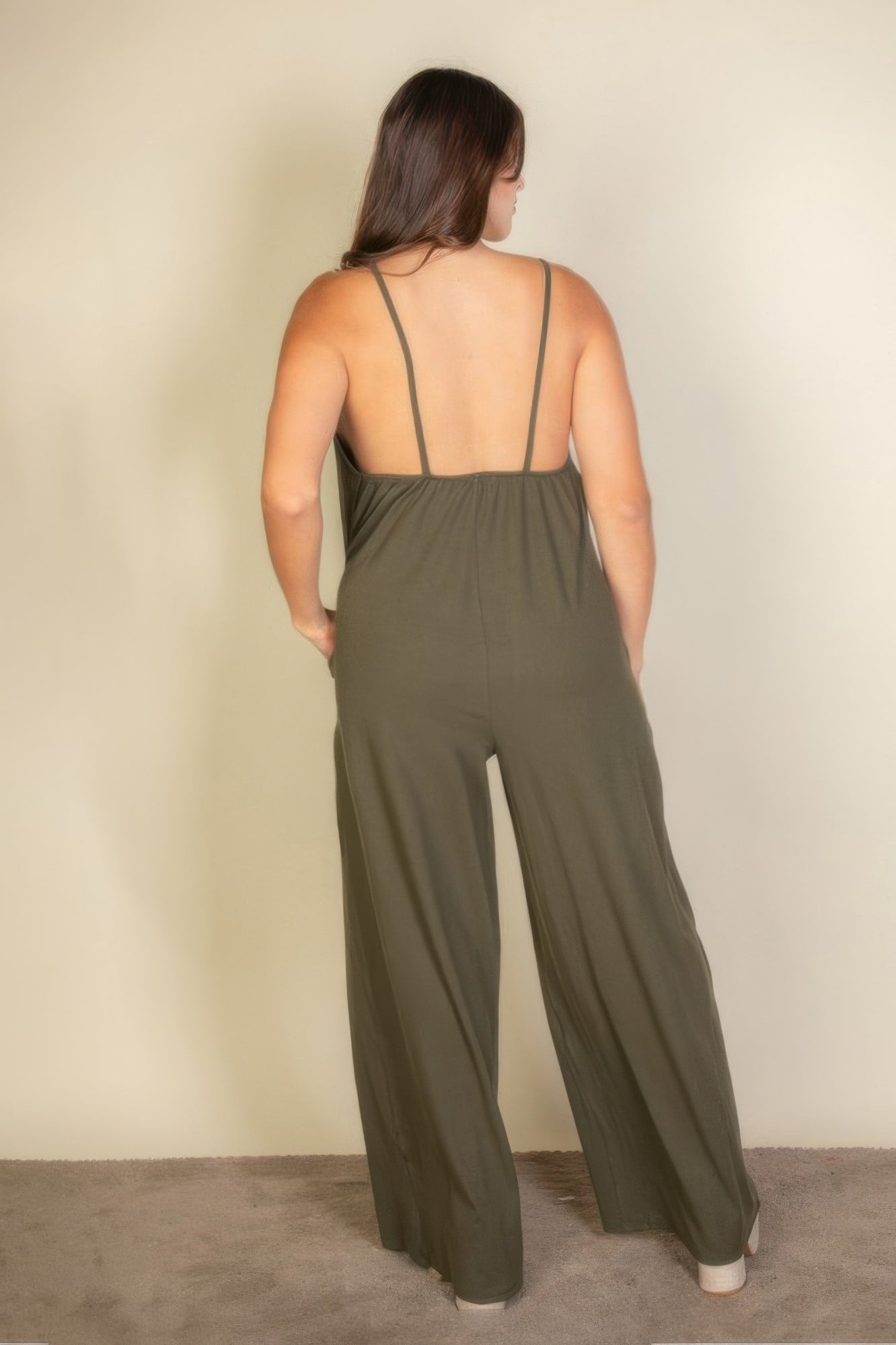 Crowned Energy CO. Olive / 1XL CCWHOLESALECLOTHING Jumpsuit Plus Spaghetti Strap Solid Wide Jumpsuit