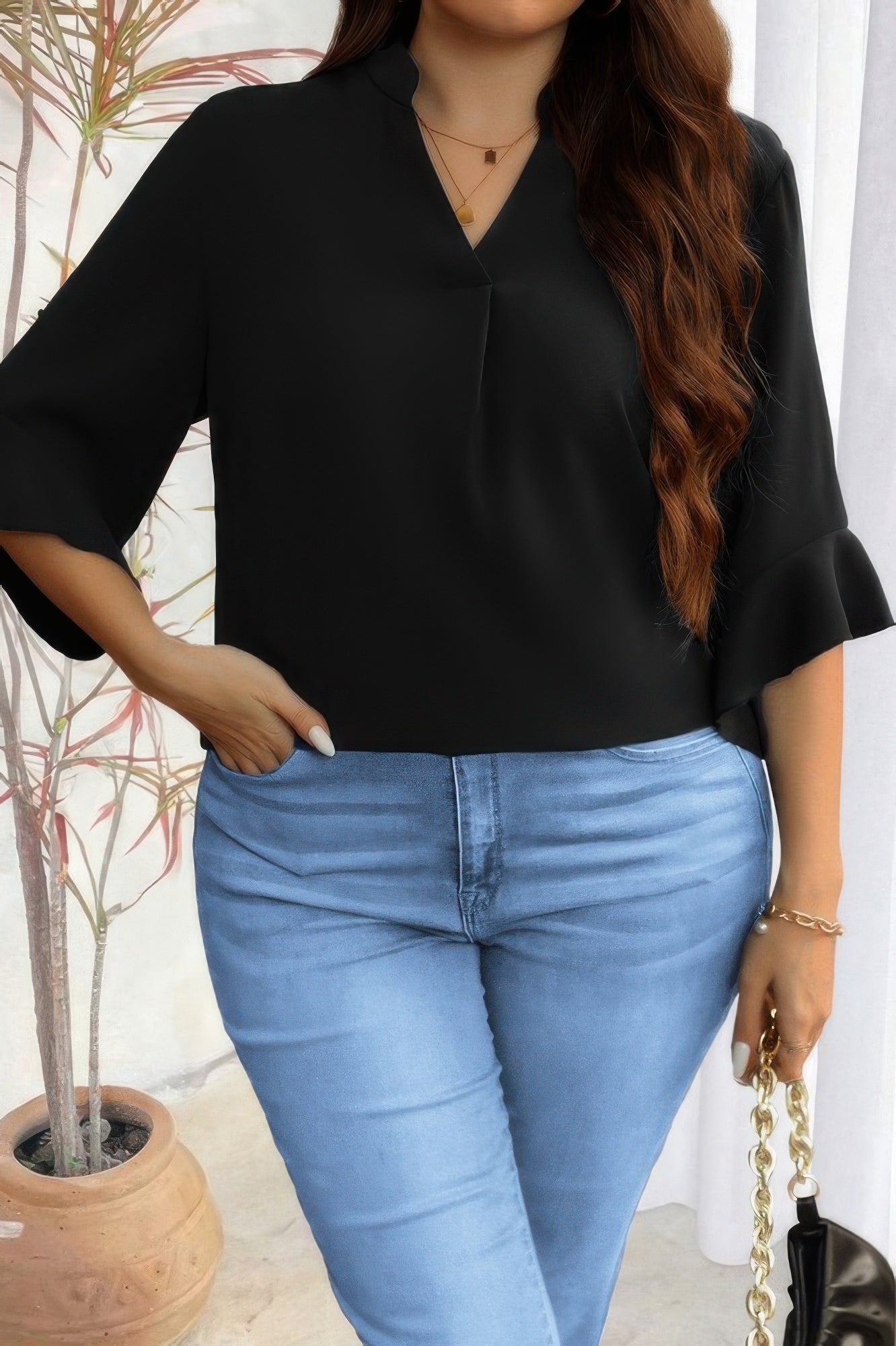 Crowned Energy CO. Black / XL CCWHOLESALECLOTHING Plus Size/Plus Size Tops/Plus Size Blouses & Shirts Plus V Neck Ruffle Half Sleeves Loose Blouse