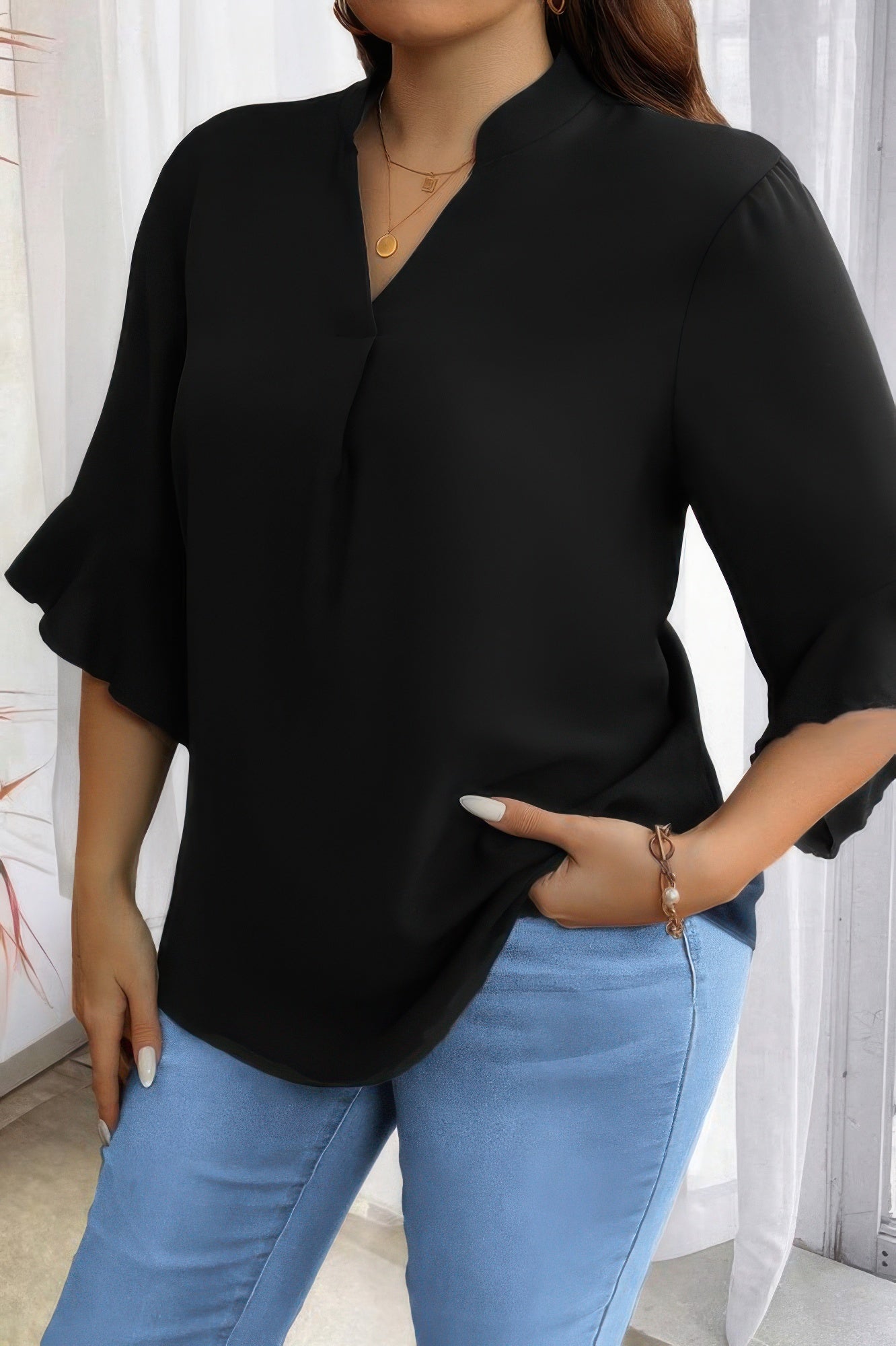 Crowned Energy CO. Black / XL CCWHOLESALECLOTHING Plus Size/Plus Size Tops/Plus Size Blouses & Shirts Plus V Neck Ruffle Half Sleeves Loose Blouse