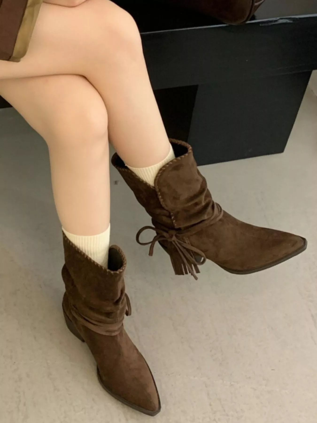 Pointed Toe Suede Block Heel Ankle Boots - Crowned Energy CO.