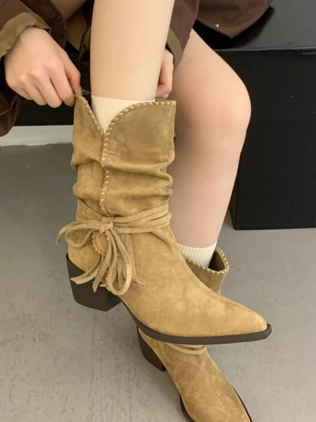 Pointed Toe Suede Block Heel Ankle Boots - Crowned Energy CO.