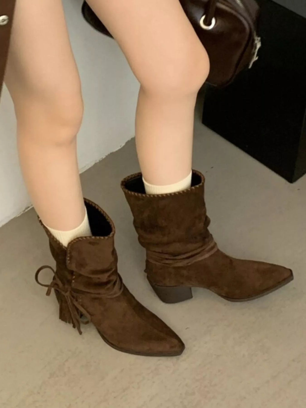 Pointed Toe Suede Block Heel Ankle Boots - Crowned Energy CO.