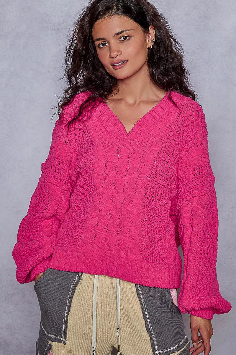 Crowned Energy CO. FUCHSIA / S Trendsi Sweaters & Cardigans/Cardigans POL Cable-Knit Solid V-Neck Cropped Sweater