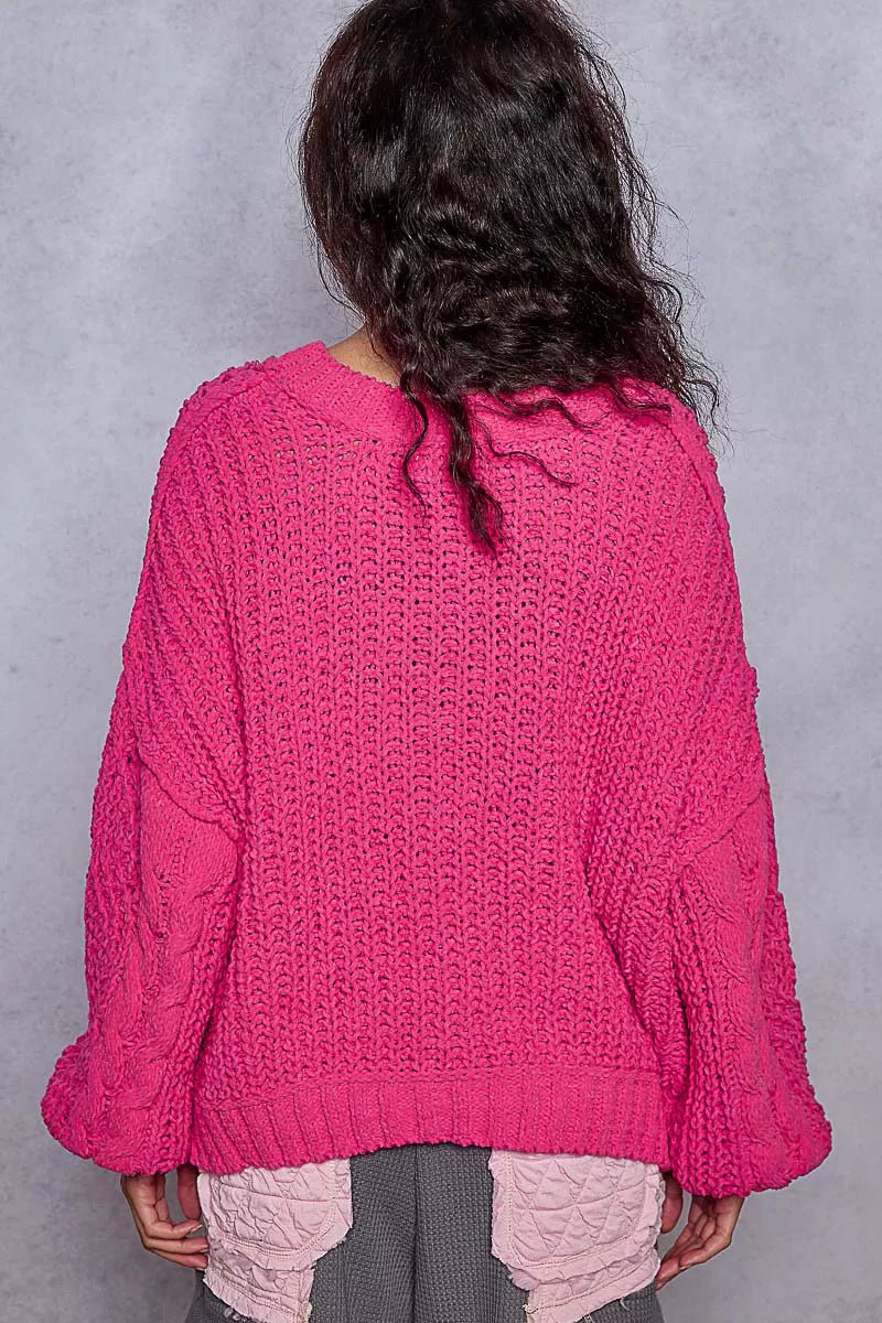 Crowned Energy CO. FUCHSIA / S Trendsi Sweaters & Cardigans/Cardigans POL Cable-Knit Solid V-Neck Cropped Sweater