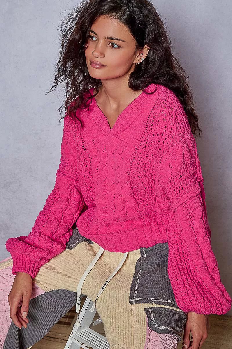 Crowned Energy CO. FUCHSIA / S Trendsi Sweaters & Cardigans/Cardigans POL Cable-Knit Solid V-Neck Cropped Sweater