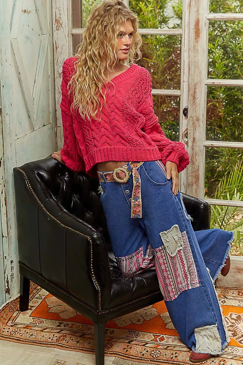 Crowned Energy CO. FUCHSIA / S Trendsi Sweaters & Cardigans/Cardigans POL Cable-Knit Solid V-Neck Cropped Sweater