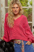 Crowned Energy CO. FUCHSIA / S Trendsi Sweaters & Cardigans/Cardigans POL Cable-Knit Solid V-Neck Cropped Sweater