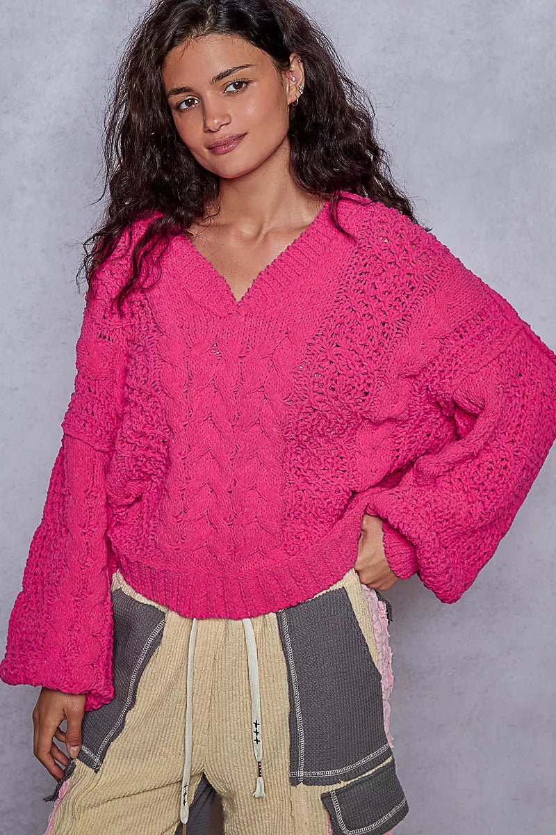 Crowned Energy CO. FUCHSIA / S Trendsi Sweaters & Cardigans/Cardigans POL Cable-Knit Solid V-Neck Cropped Sweater
