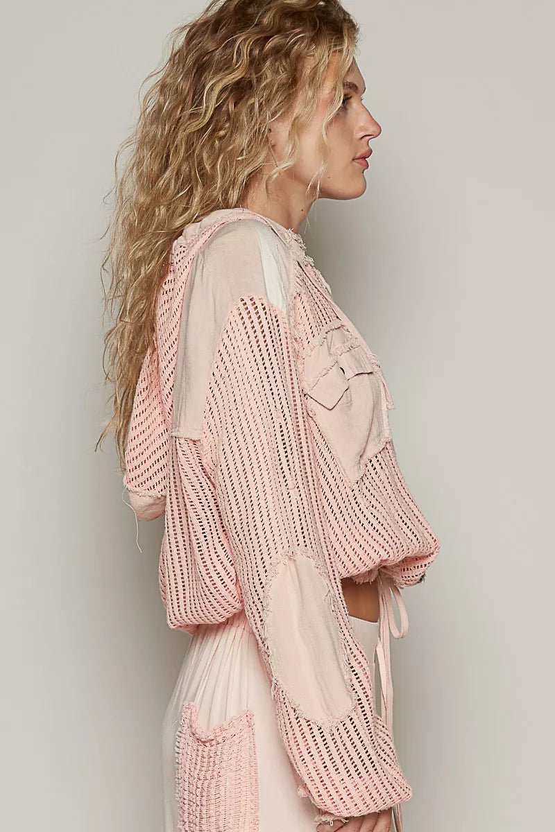 Crowned Energy CO. PEACH MULTI / S Trendsi Shirt POL Texture Woven Button Down Hooded Shirt with Drawstring Hem