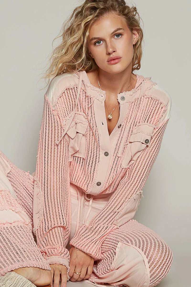 Crowned Energy CO. PEACH MULTI / S Trendsi Shirt POL Texture Woven Button Down Hooded Shirt with Drawstring Hem