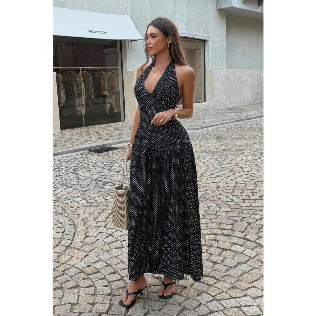 Polka Dot Halter Neck Maxi Dress with Side Slit - Crowned Energy CO.