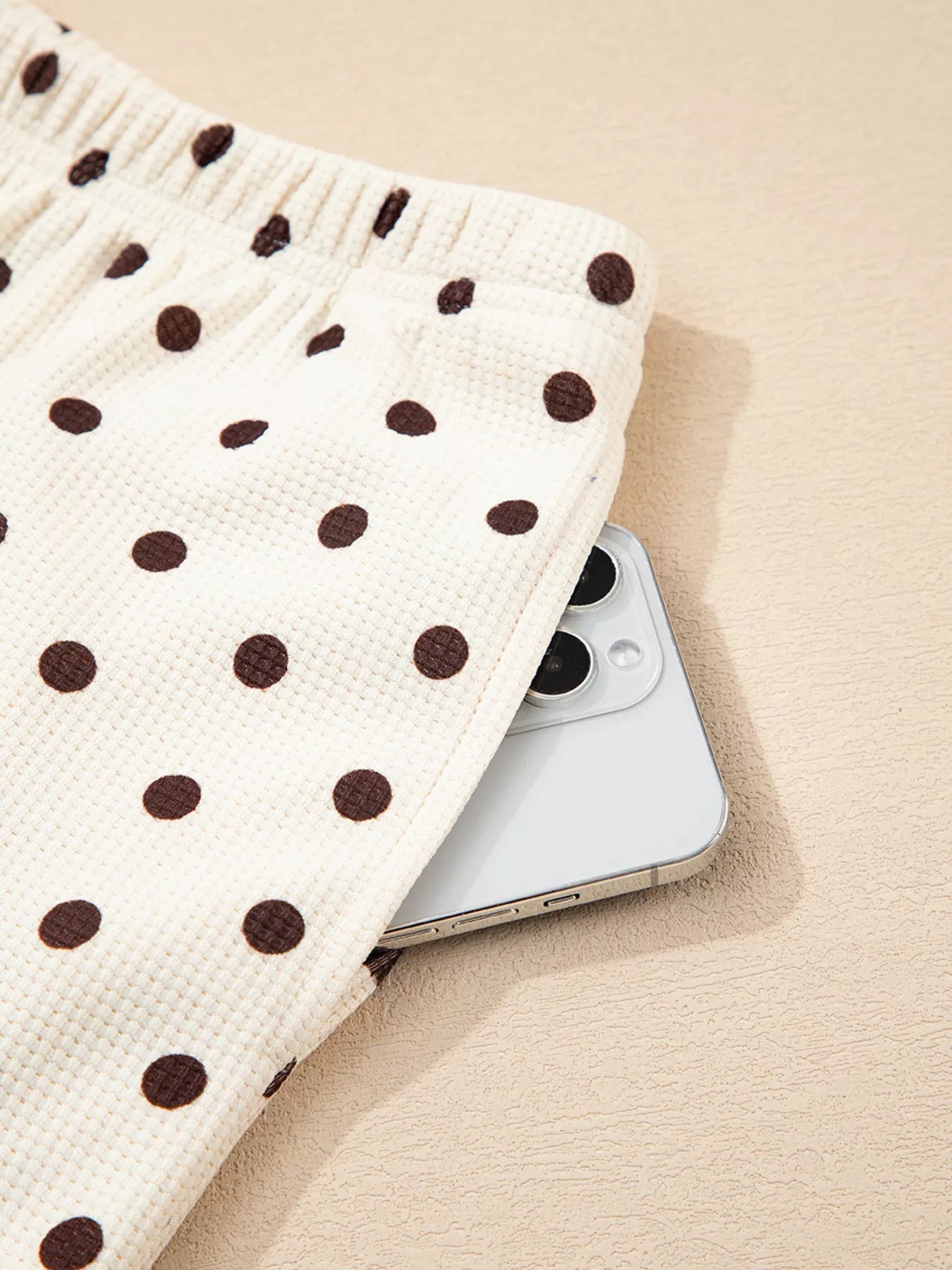 Crowned Energy CO. Dot / S Trendsi Loungewear & Sleepwear/Loungewear Polka Dot Notched Long Sleeve Top and Drawstring Joggers Lounge Set