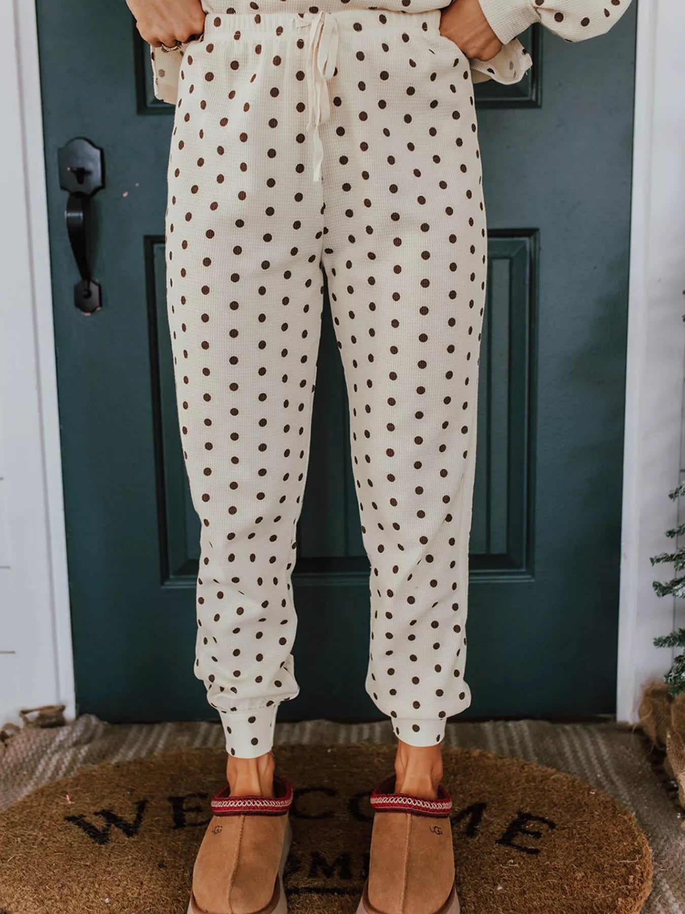 Crowned Energy CO. Dot / S Trendsi Loungewear & Sleepwear/Loungewear Polka Dot Notched Long Sleeve Top and Drawstring Joggers Lounge Set