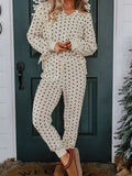 Crowned Energy CO. Dot / S Trendsi Loungewear & Sleepwear/Loungewear Polka Dot Notched Long Sleeve Top and Drawstring Joggers Lounge Set