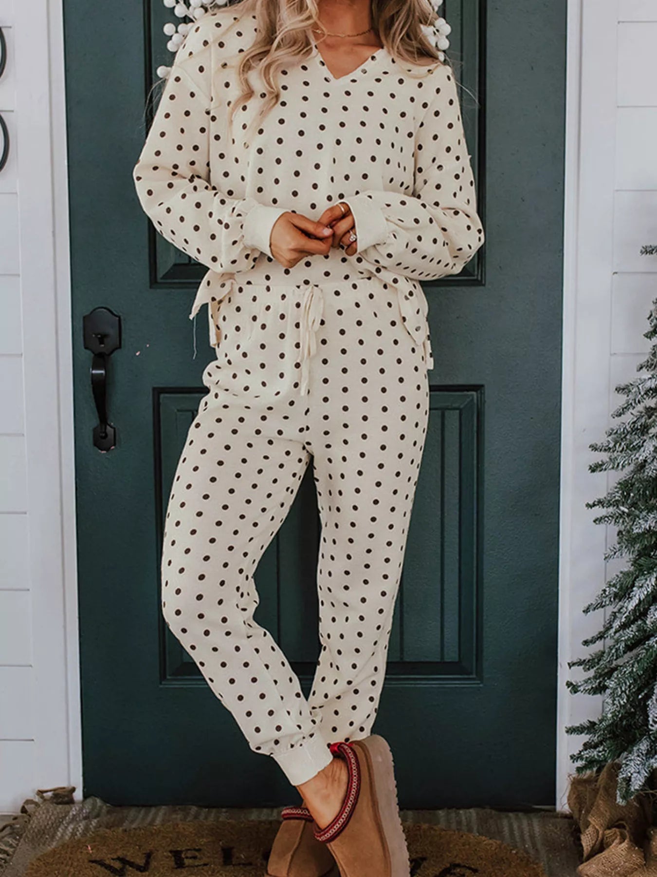 Crowned Energy CO. Dot / S Trendsi Loungewear & Sleepwear/Loungewear Polka Dot Notched Long Sleeve Top and Drawstring Joggers Lounge Set