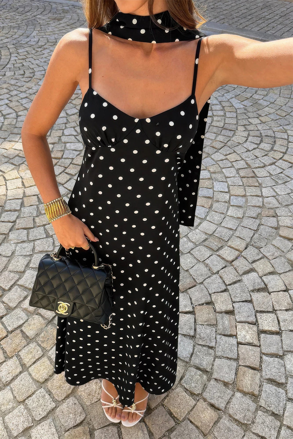 Polka Dot Sleeveless Midi Slip Dress - Crowned Energy CO.